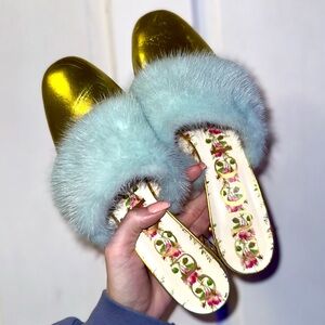 Gucci Gold Mink Fur Swarovski Embellished Leather Mules